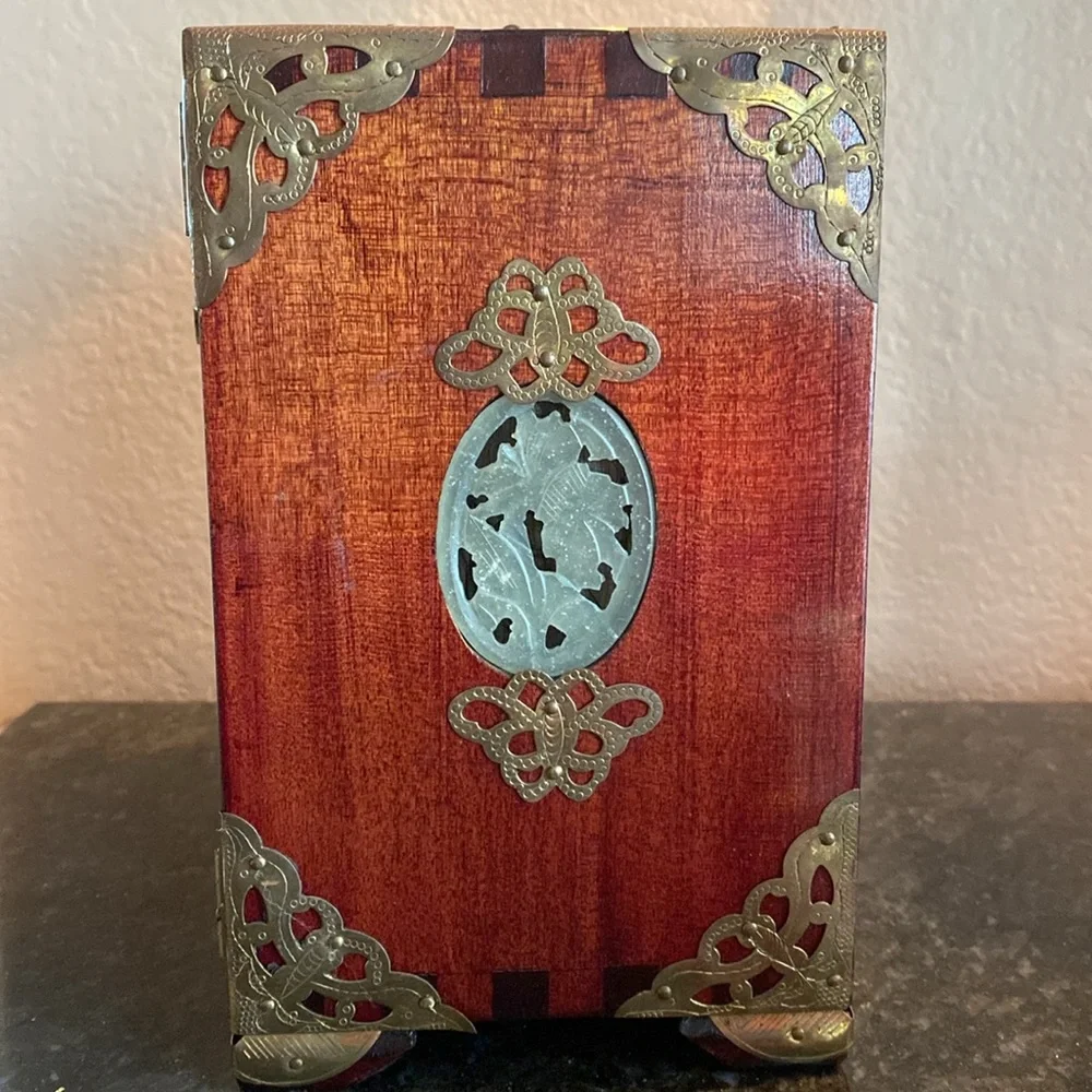 Antique Chinese Rosewood Jade Inlay Brass Hardware Wooden Jewelry Box